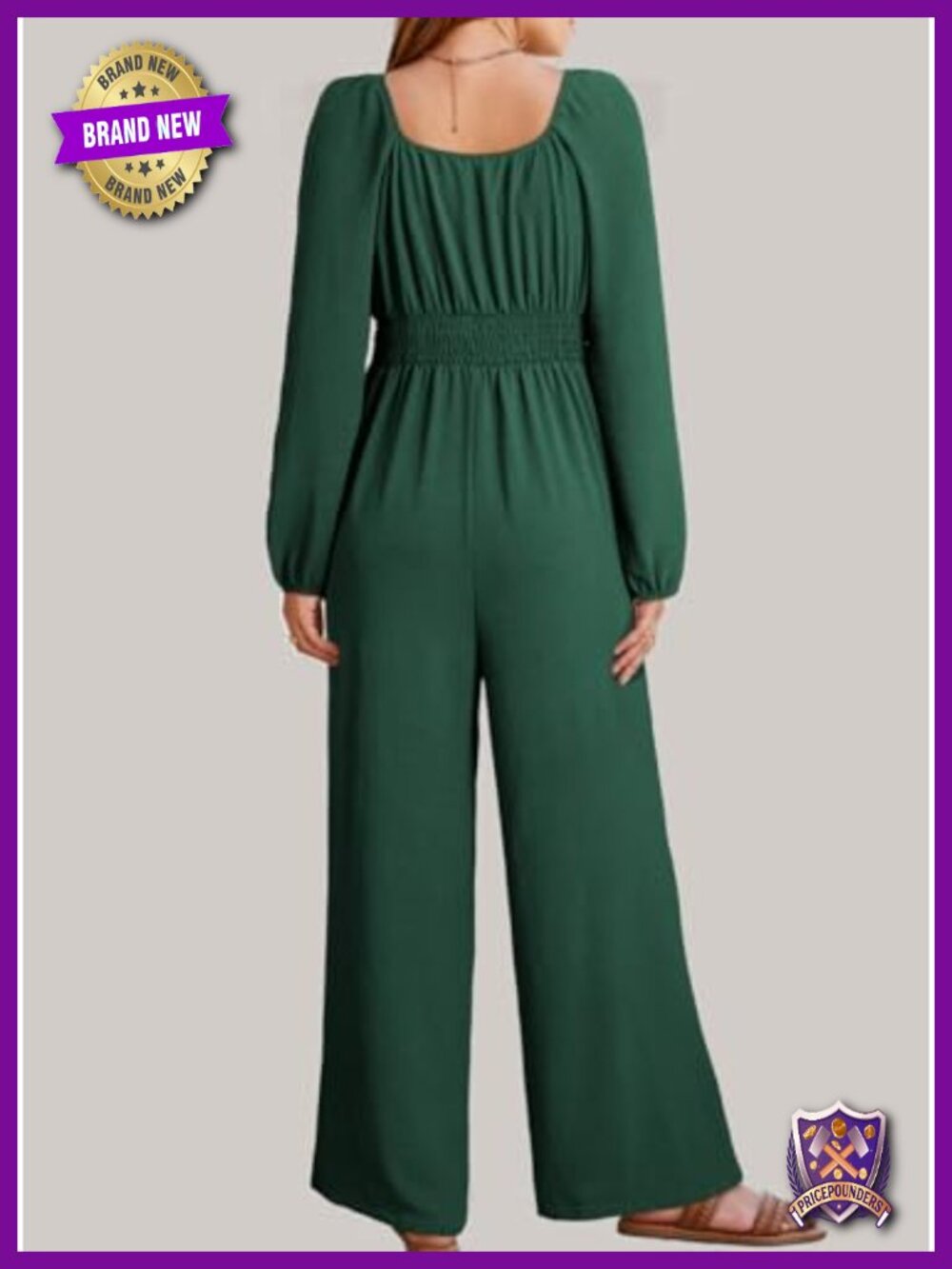 Women's Long Sleeve Square Neck Jumpsuit with Pockets Wide Leg Romper Casual - Picture 2 of 4